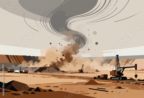 Stylized illustration of a mining operation. Machines work amid dust and smoke under a swirling sky, on a desert landscape