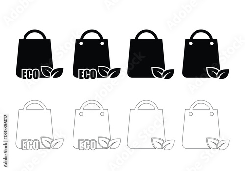 Set of four eco shopping bag icons with leaf symbol isolated on white background