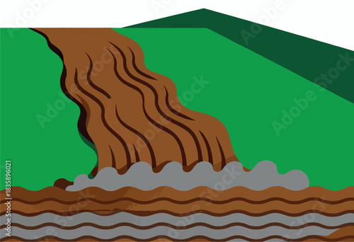 A simple, flat illustration depicts a waterfall cascading into a river, surrounded by green and dark green shapes
