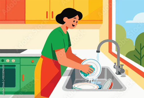 A woman washes dishes in a brightly lit kitchen. The image has a colorful, flat design, a window view