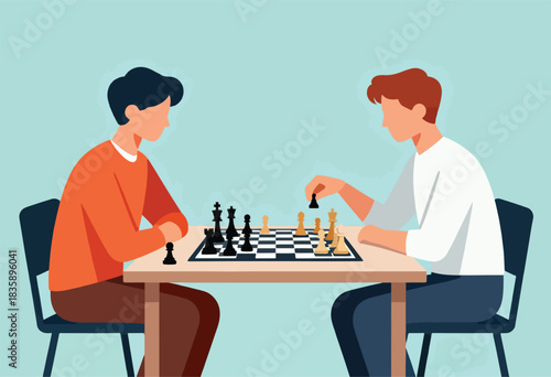 Two people are sitting at a table playing chess, one moving a piece. Minimalist flat design