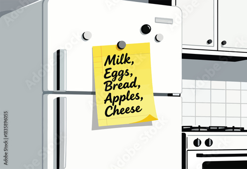 A simplified kitchen illustration depicts a refrigerator with a shopping list of food items attached