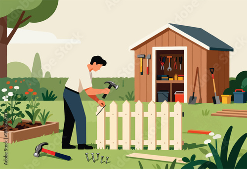 A person hammers a nail into a wooden fence in a garden. Tools, shed and plants in a sunny yard