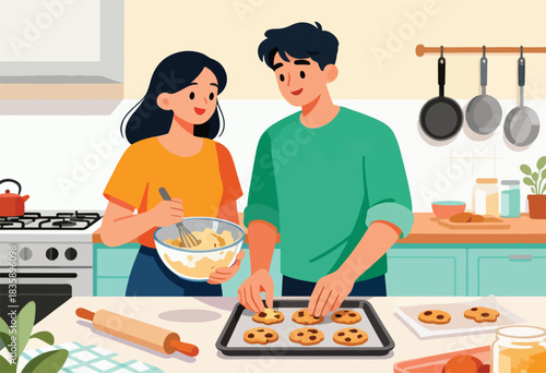A couple bakes cookies together in a kitchen, one mixing batter while the other arranges them on a baking sheet