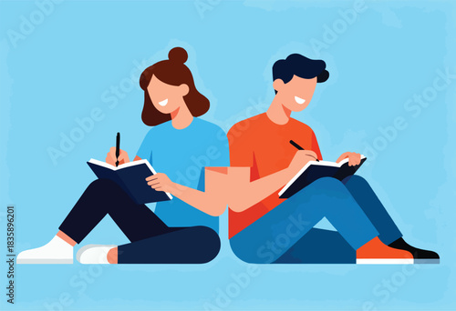 Two figures, back-to-back, writing in notebooks, seated on the ground. Simple, colorful vector illustration