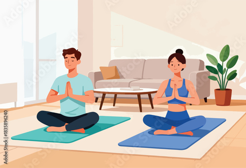 Two people in a home interior, cross-legged on mats, meditating with closed eyes and hands together