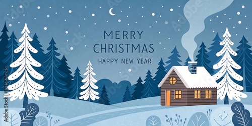 Cozy snow covered cabin in a winter forest at night with falling snow and merry christmas greetings