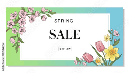 Spring Sale banner with blooming flowers and a gradient background, inviting customers to shop now.