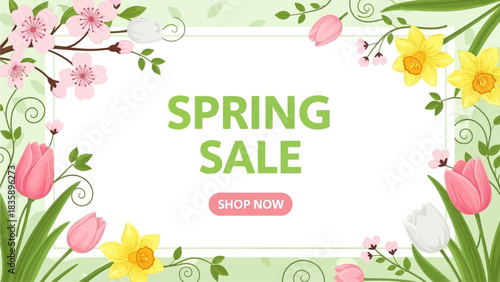 Spring sale banner featuring vibrant flowers, including tulips, daffodils, and cherry blossoms, with a shop now button.