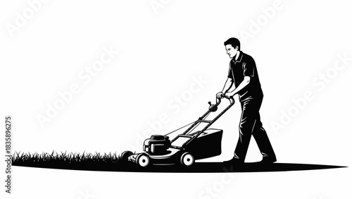 Man mowing lawn with lawnmower, cutting grass in the garden.