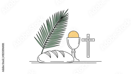 A minimalist line art illustration of Christian symbols for Lent, including a palm frond, bread, a chalice, and a cross.