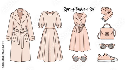 Spring fashion set with women's clothing and accessories including coats, dresses, handbags, sunglasses, and sneakers in a soft pink palette.