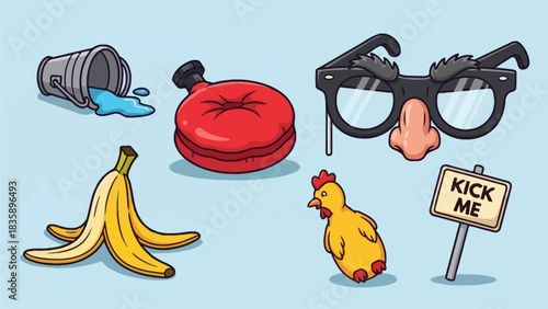 A collection of humorous items including a bucket, water balloon, glasses, banana peel, chicken, and sign.
