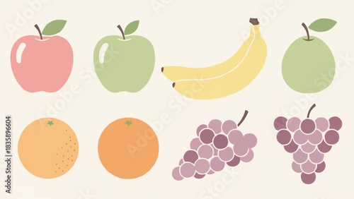 Assortment of Fresh and Colorful Fruits in a Flat Design Style.