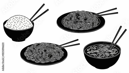 A collection of Asian dishes including rice noodles and soup.