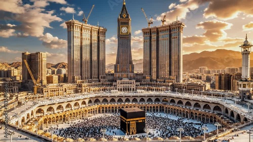 The grand mosque in mecca with the kaaba surrounded by pilgrims and the towering abraj al bait complex 4k video