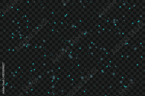 Falling blue glitter particles or bokeh effect on dark background