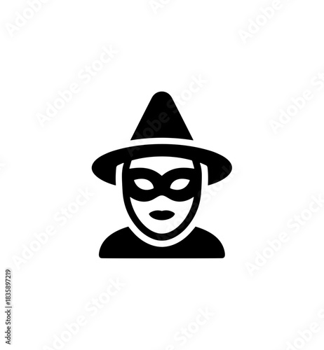 Minimalist Silhouette Mysterious Masked Person with Hat Icon Graphic Design