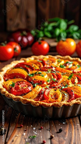 Tomato tart with basil on wood panel