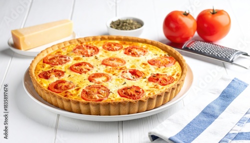 Tomato cheese quiche on white plate