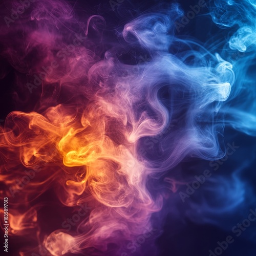Colorful smoke and incense in a studio with a dark background. Abstract fog and mist for magical effects and creative design with black backdrop, Generative AI