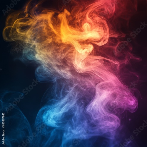 Colorful smoke and incense in a studio with a dark background. Abstract fog and mist for magical effects and creative design with black backdrop, Generative AI