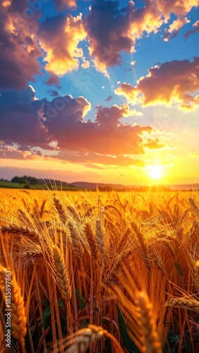 Golden field and vibrant sunset sky