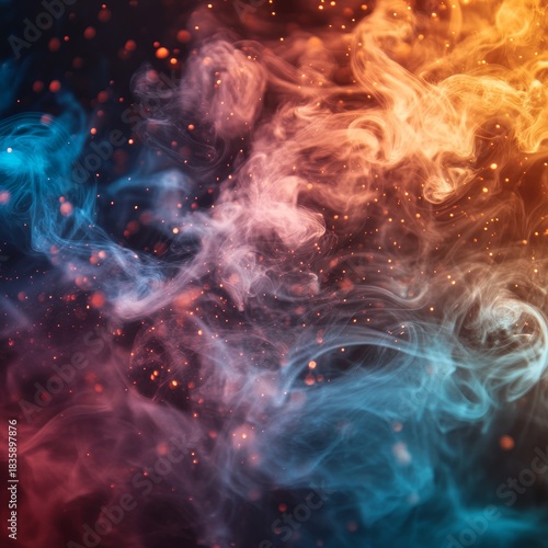 Colorful smoke and incense in a studio with a dark background. Abstract fog and mist for magical effects and creative design with black backdrop, Generative AI
