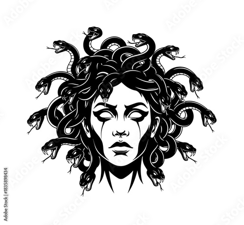 A stark monochrome illustration portrays the mythological Medusa, her hollow eyes weeping darkness while a chaotic, writhing crown of aggressive fanged serpents coils menacingly around her stoic face