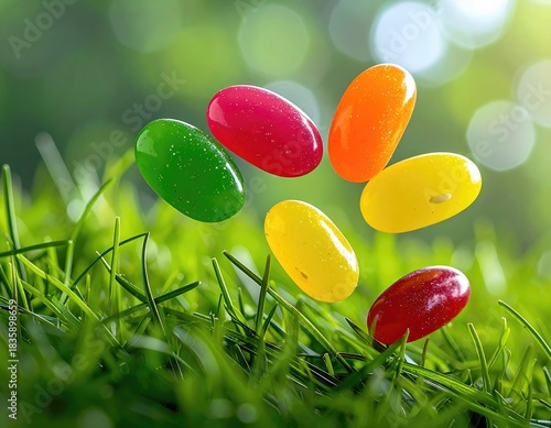 Colorful jellybeans on bright green grass