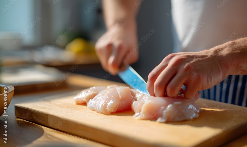 Obraz premium A man cuts chicken on a table with a wooden board and a blue knife