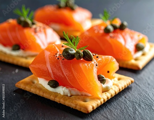 Salmon canap?s on crackers, close up