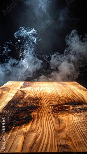 Wood tabletop with smoky dark backdrop
