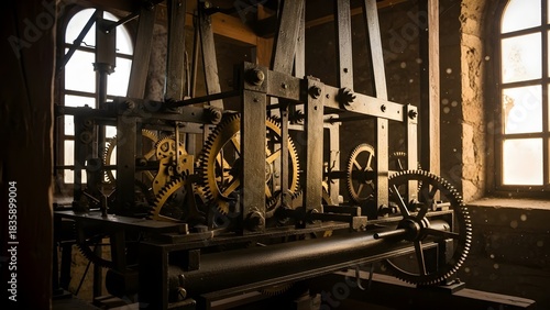 Old clock tower mechanism gears and wooden frame antique engineering timekeeping system architecture