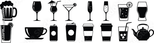 Assorted Beverage Icons Black Silhouettes of Drinks and Utensils alcohol non-alcoholic