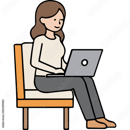 Woman Typing on Laptop While Sitting on a Chair With Neutral Background and Soft Lighting