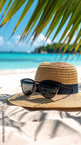 Hat and sunglasses on sandy tropical beach