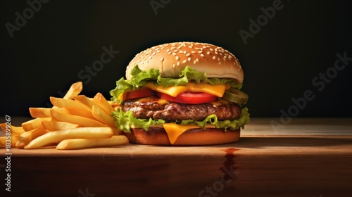 Delicious classic cheeseburger with french fries on a wooden table.