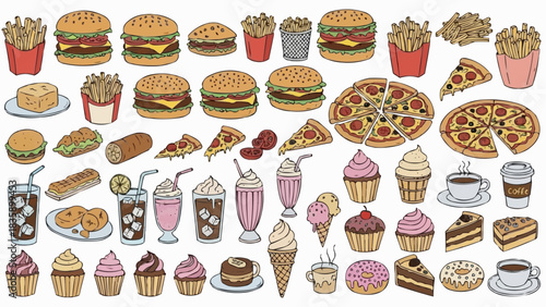 Collection of delicious fast food and sweet desserts illustrations.