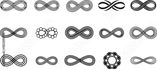 Assortment of Infinity Symbols in Black Line Art and Solid Fill lemniscate endless