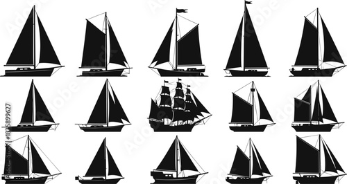 Assortment of Silhouette Sailboats and Tall Ship on White Background sailing vessel