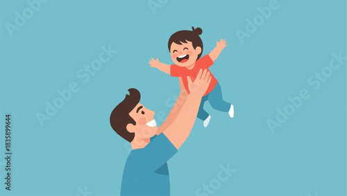Happy father lifting his child in the air with joy.