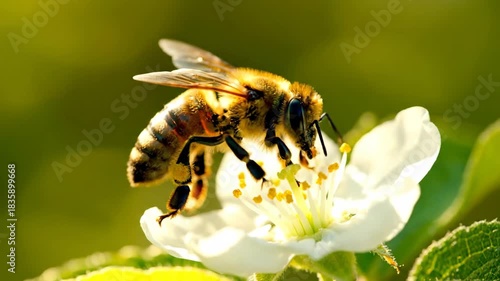Close-up of bee gathering pollen from white flower blossom, natural light.