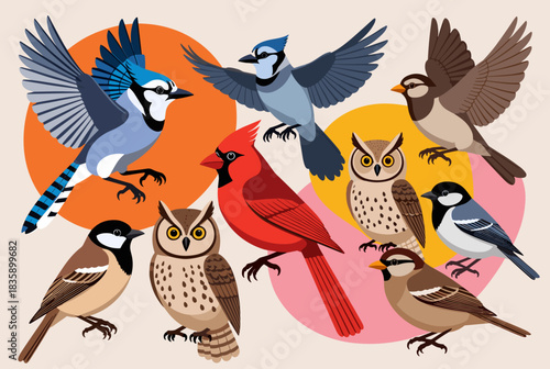 A vibrant illustration showcasing a diverse collection of birds, including blue jays, cardinals, and owls, against colorful circular backgrounds.