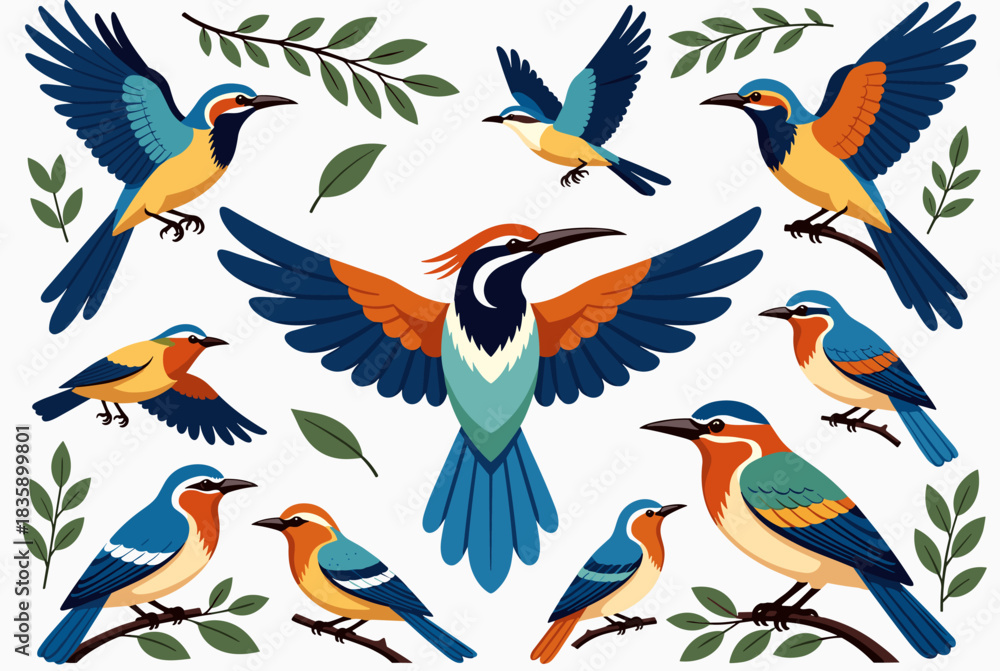 Fototapeta premium A vibrant collection of colorful birds with blue, orange, and yellow plumage, depicted in various poses including flying and perching on branches, surrounded by green leaves.