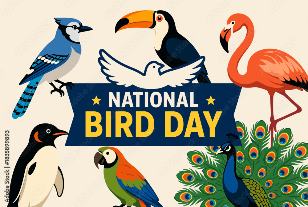 Fototapeta premium An illustration celebrating National Bird Day with a variety of colorful birds including a blue jay, toucan, flamingo, penguin, parrot, and peacock.