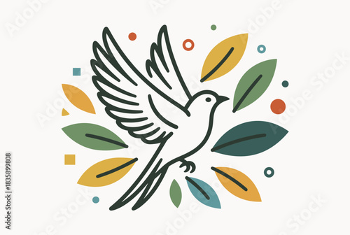 Stylized line art illustration of a white bird in flight with outstretched wings, surrounded by colorful leaves and abstract shapes on a light background.