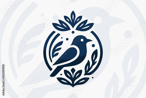 Stylized blue bird emblem with botanical elements and leaves in a circular design, featuring a clean and modern aesthetic.