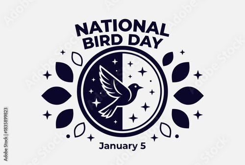 National Bird Day logo with a stylized bird in a circular emblem, featuring dark and light halves, surrounded by decorative elements, on a light background.