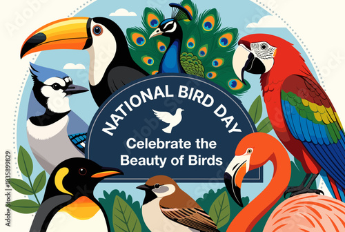 A vibrant illustration celebrating National Bird Day with a diverse collection of birds including a toucan, peacock, macaw, flamingo, blue jay, penguin, and sparrow.